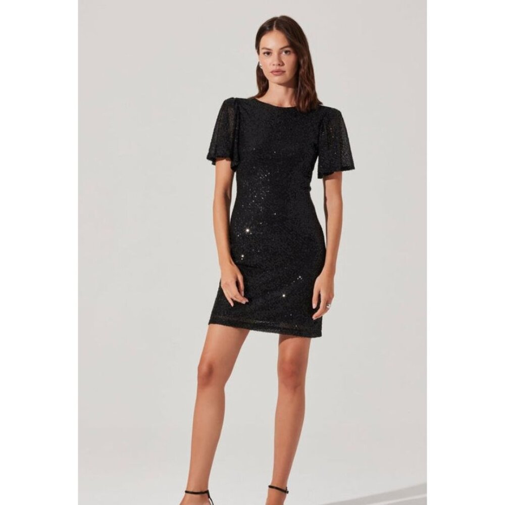 Astr The Label Black Sequin Mini Dress Short Sleeve Size XS